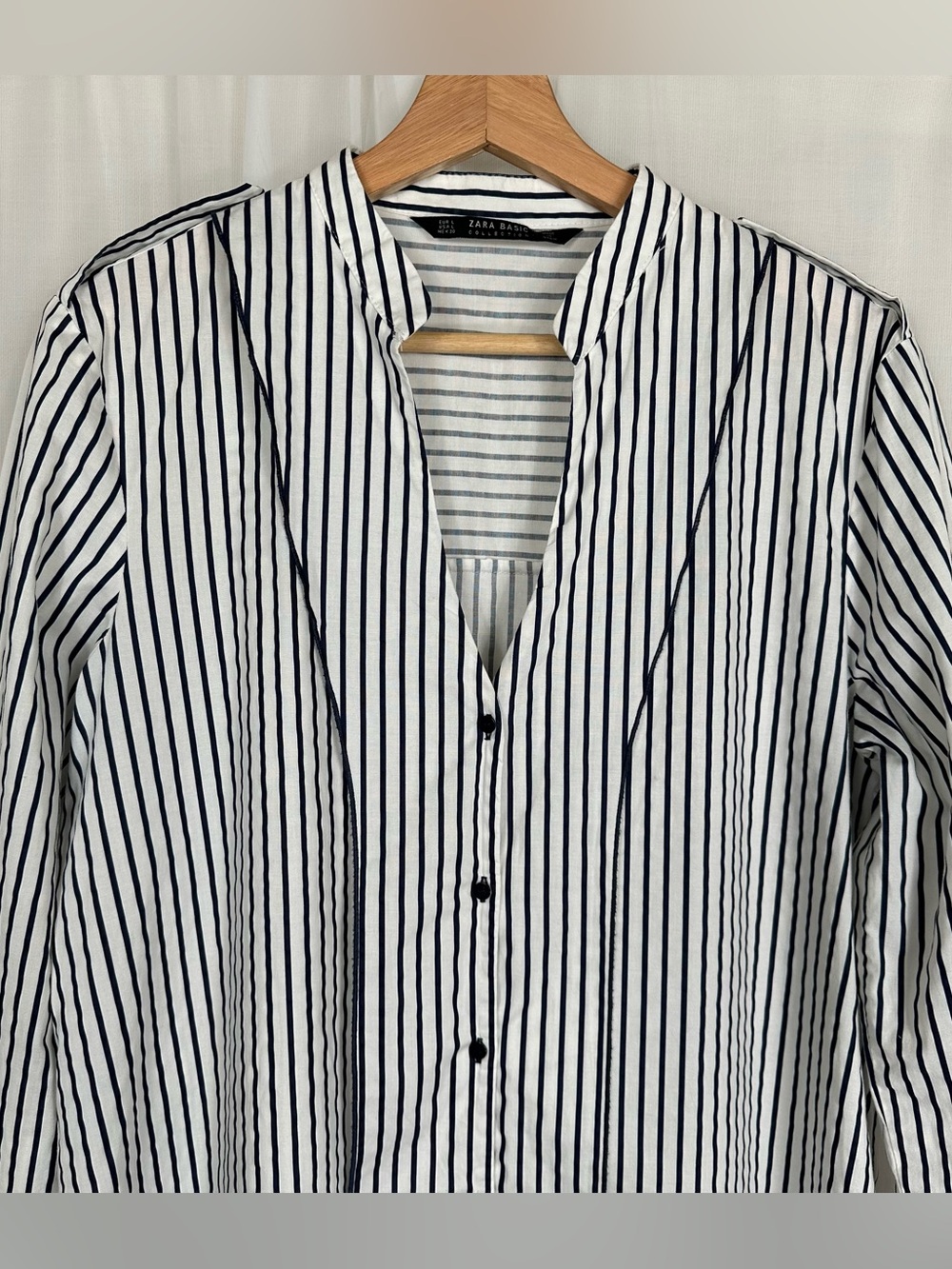 Zara Basic Striped High Low Tunic Button Front Blouse Shirt Size L Blue White - Picture 2 of 14